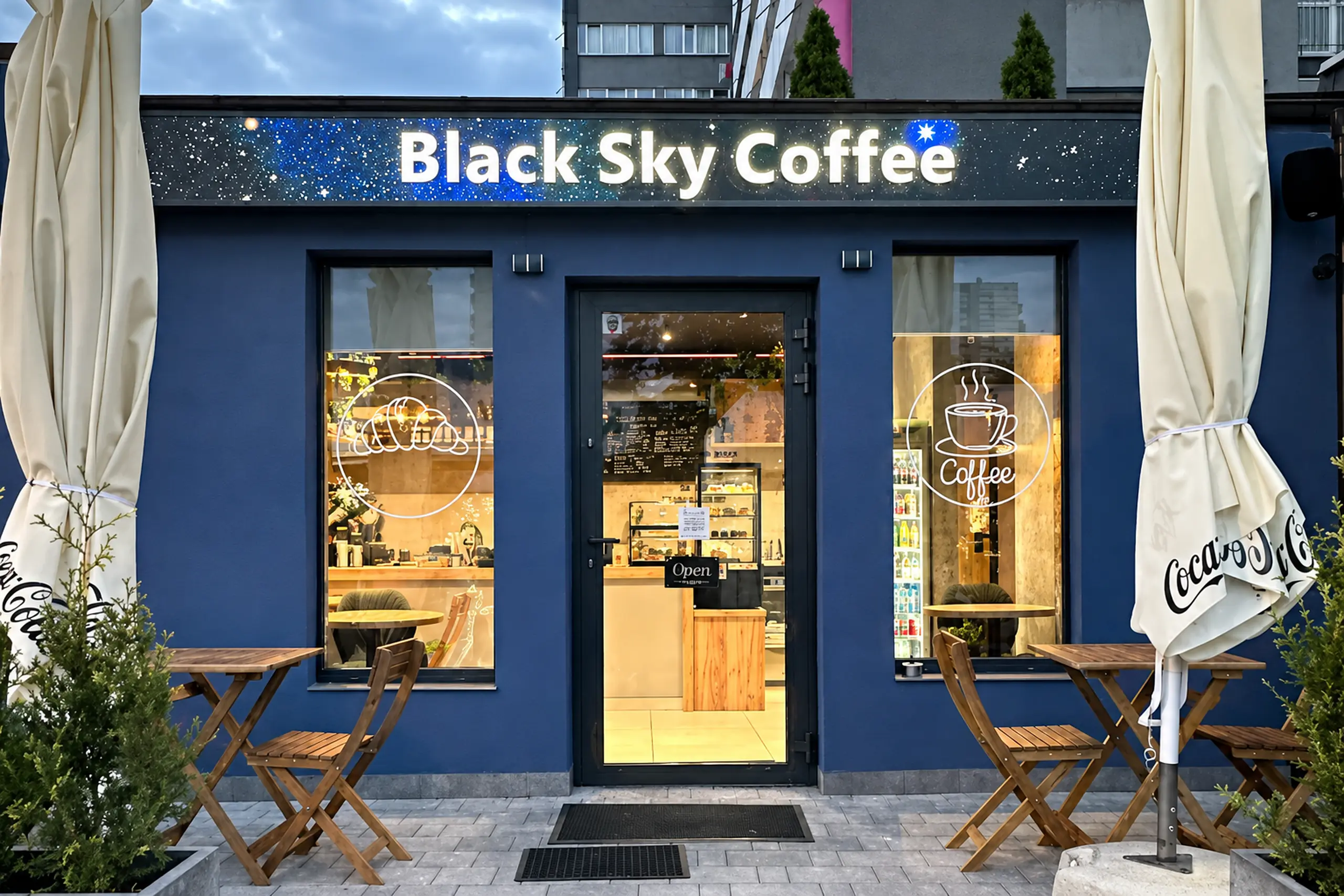 Rozświetlone wejście do BLACK SKY COFFEE na katowickim Tysiącleciu
